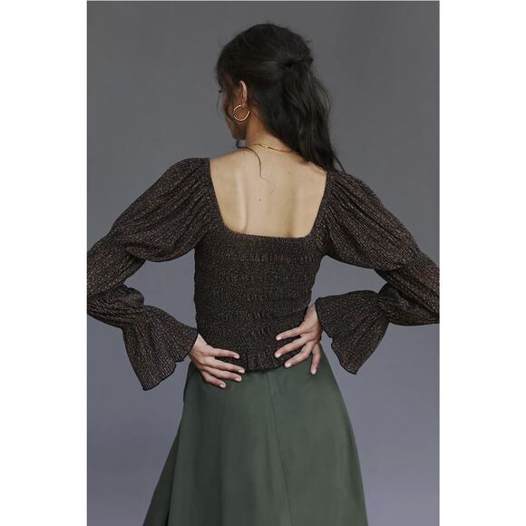 Anthropologie Brown Shimmer Puff-Sleeved Blouse - XL New - Picture 3 of 6